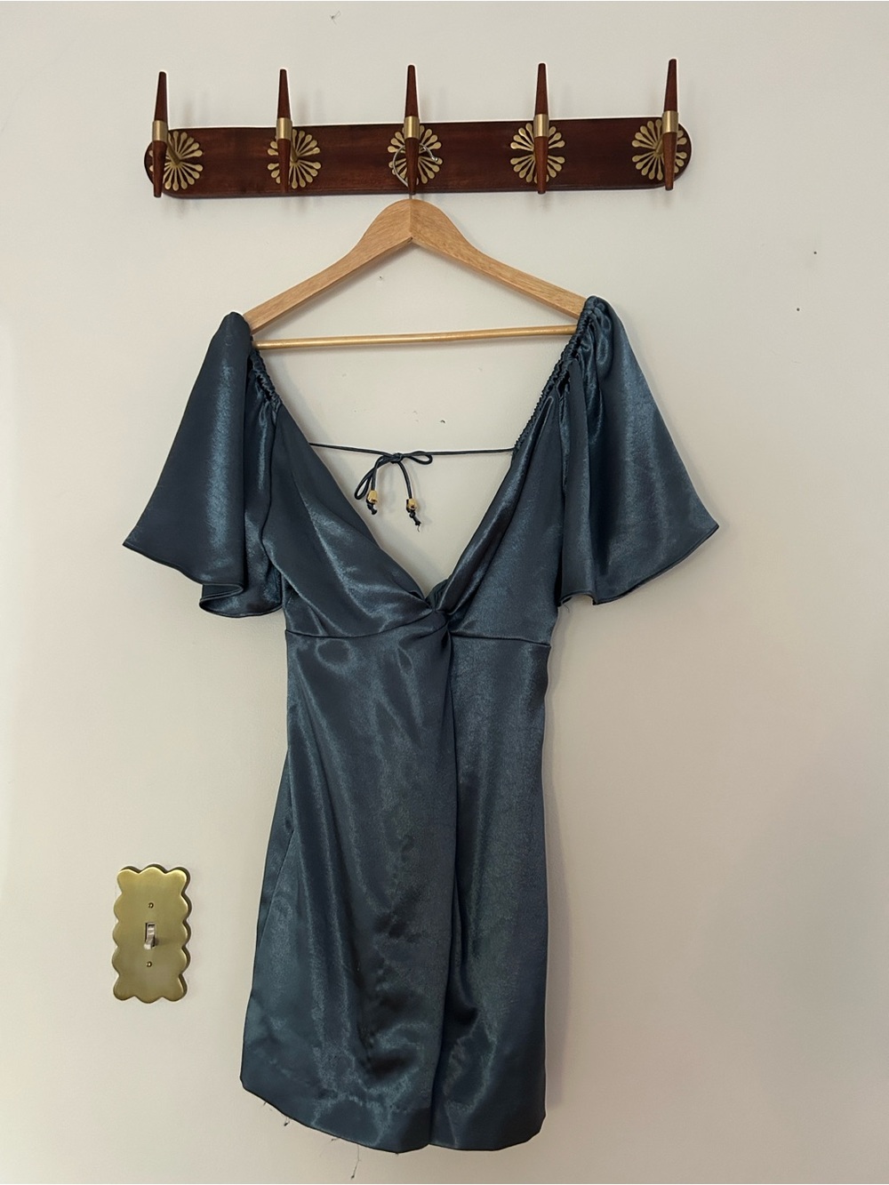 Free People Satin V-Neck Mini Dress in Teal Blue